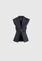 Linda - Wide Shoulder Cinched Denim Vest - Indigo