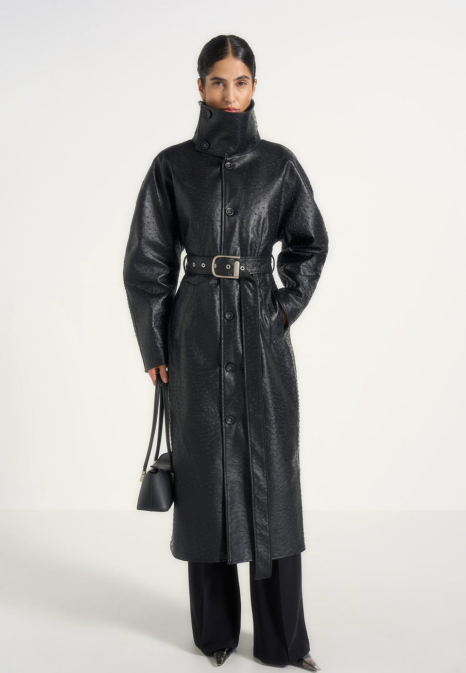 Leyna - Ostrich Hourglass Belted Coat - Black