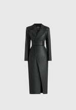Esma - Leather Asymmetric Coat with Cinch Belt - Black