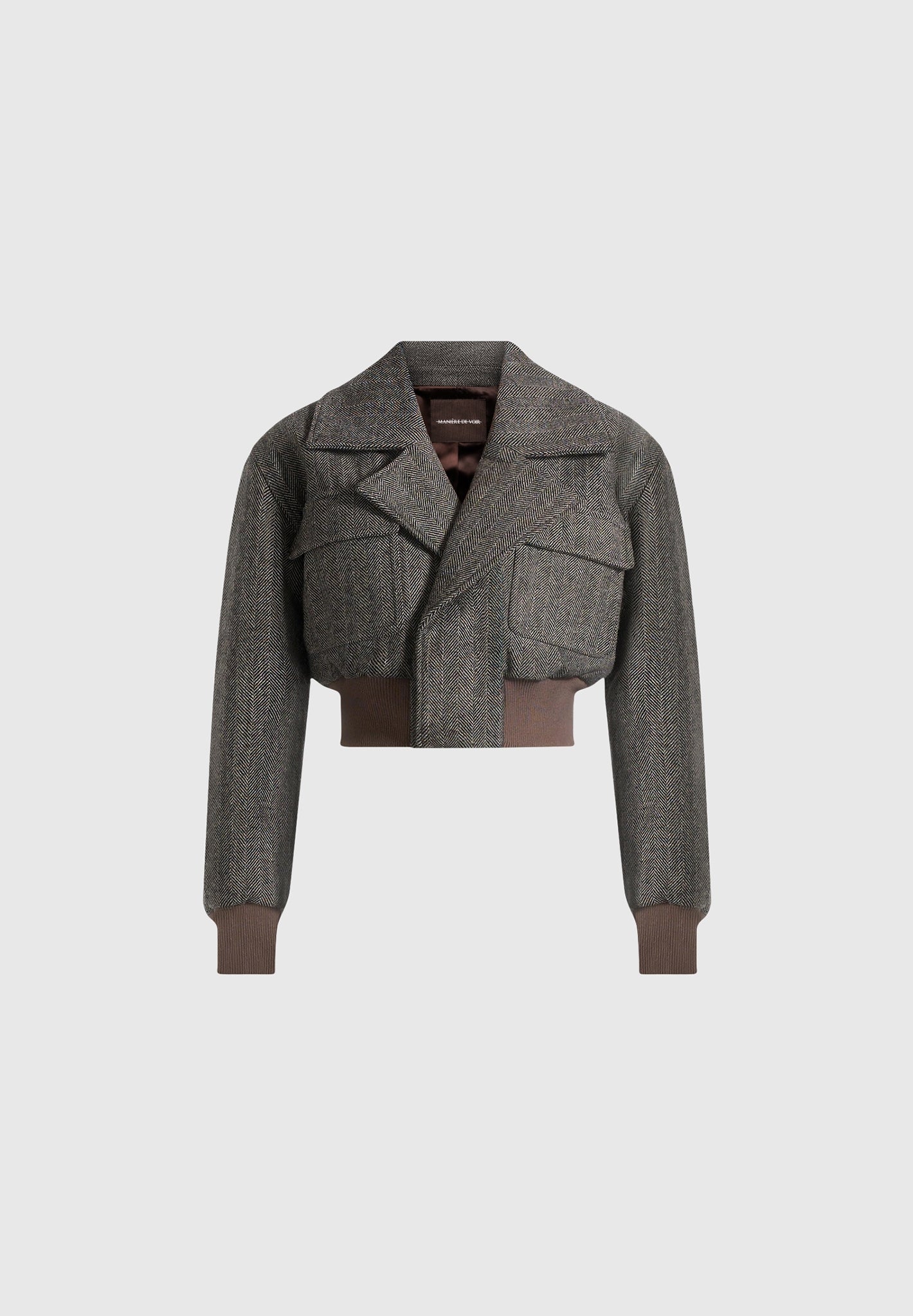 Cosette - Herringbone Wool Lapel Bomber Jacket - Grey