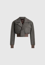 Cosette - Herringbone Wool Lapel Bomber Jacket - Grey