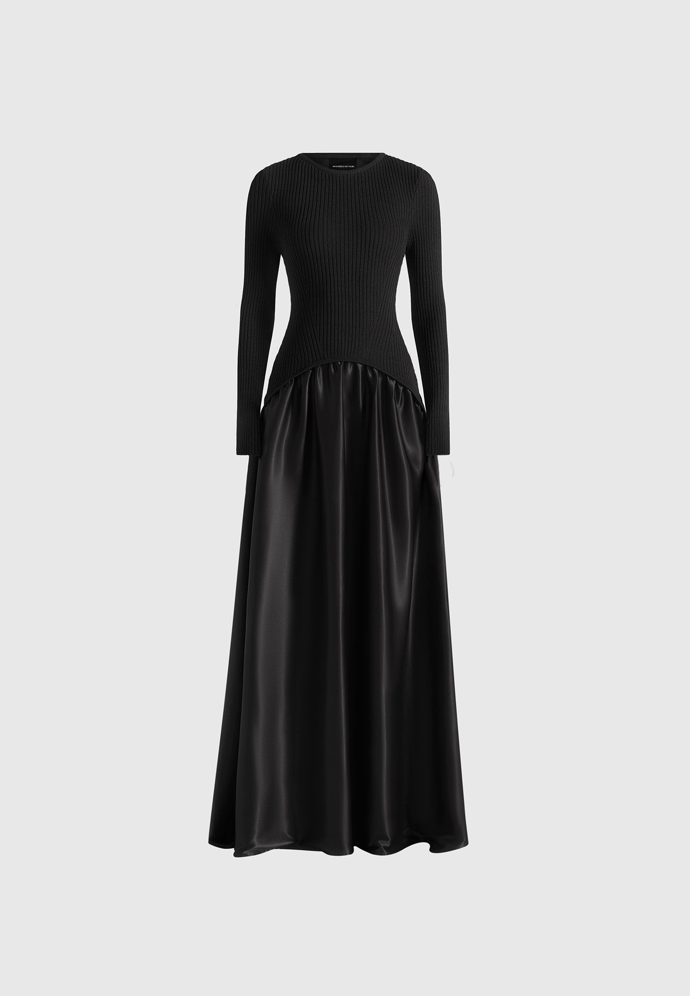 Adeline - Knit & Satin Curved Hem Maxi Dress - Black