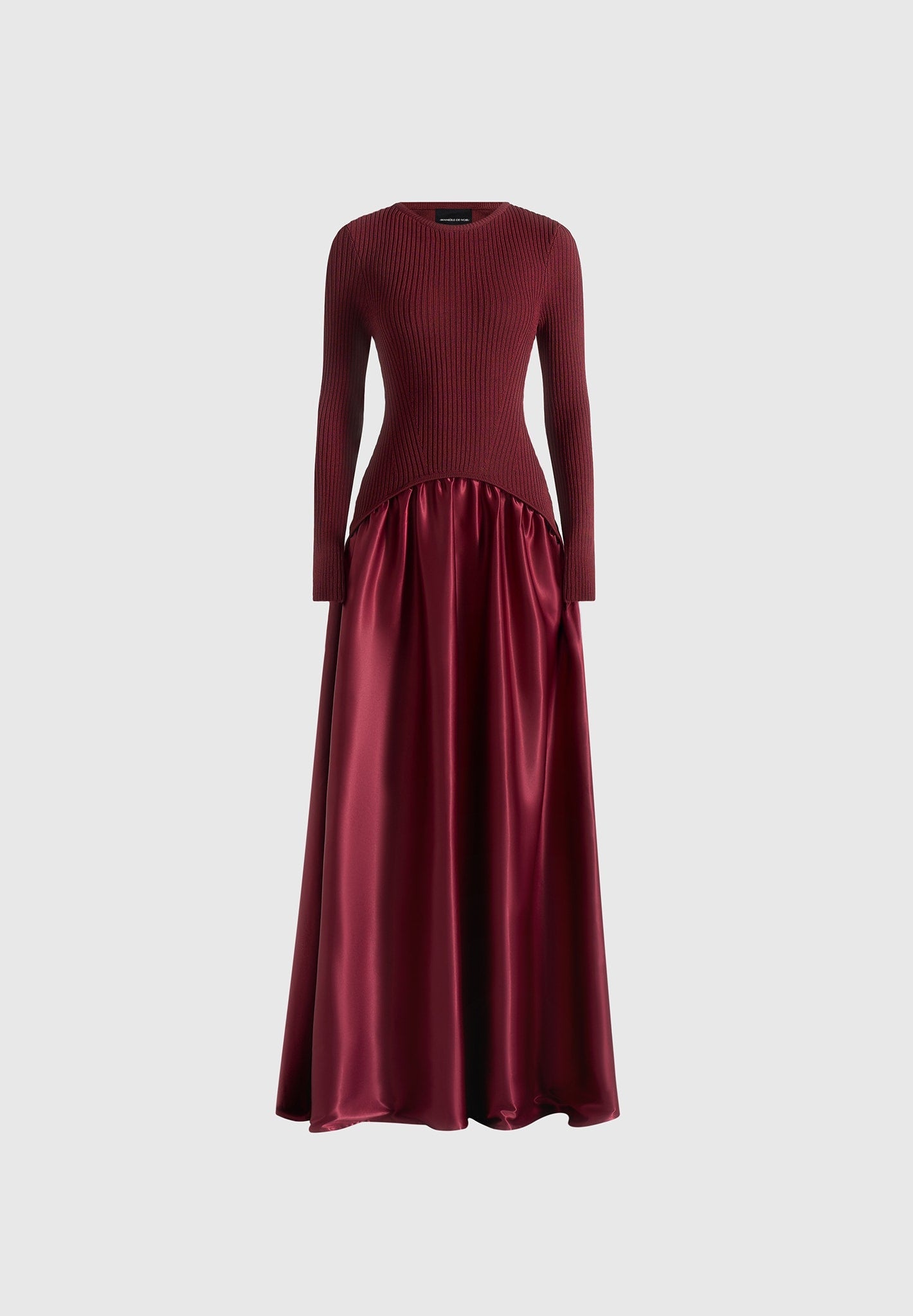 Adeline - Knit & Satin Curved Hem Maxi Dress - Wine Red