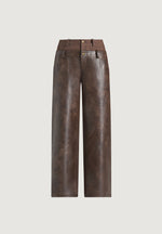 Carmen - Vintage Leather Double Waistband Trousers - Brown