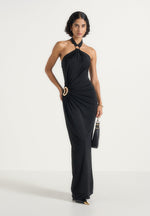 Amalia - Halter Neck Ruched Hip Hardware Maxi Dress - Black