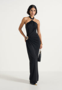 Amalia - Halter Neck Ruched Hip Hardware Maxi Dress - Black