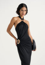 Amalia - Halter Neck Ruched Hip Hardware Maxi Dress - Black