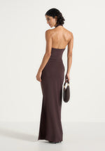 Amalia - Halter Neck Ruched Hip Hardware Maxi Dress - Brown