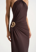 Amalia - Halter Neck Ruched Hip Hardware Maxi Dress - Brown