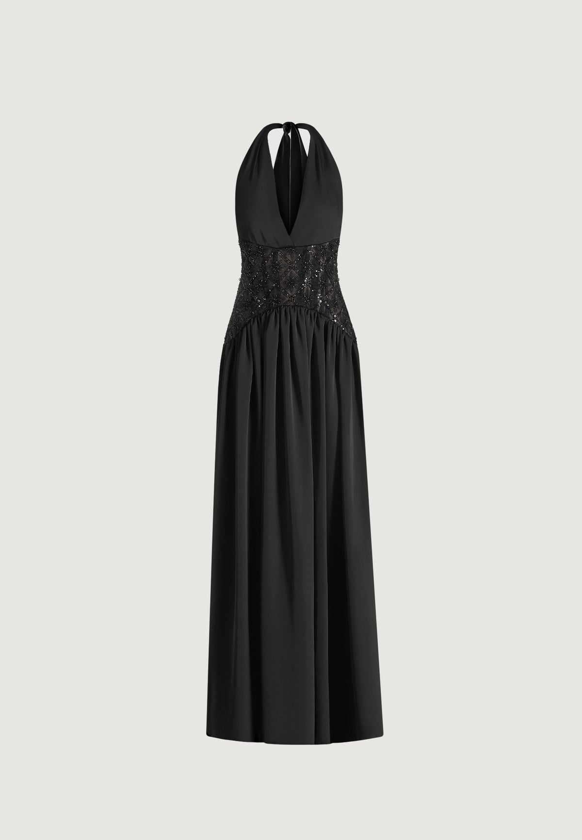Ava - Halter Neck Embellished Corset Gathered Maxi Dress - Black