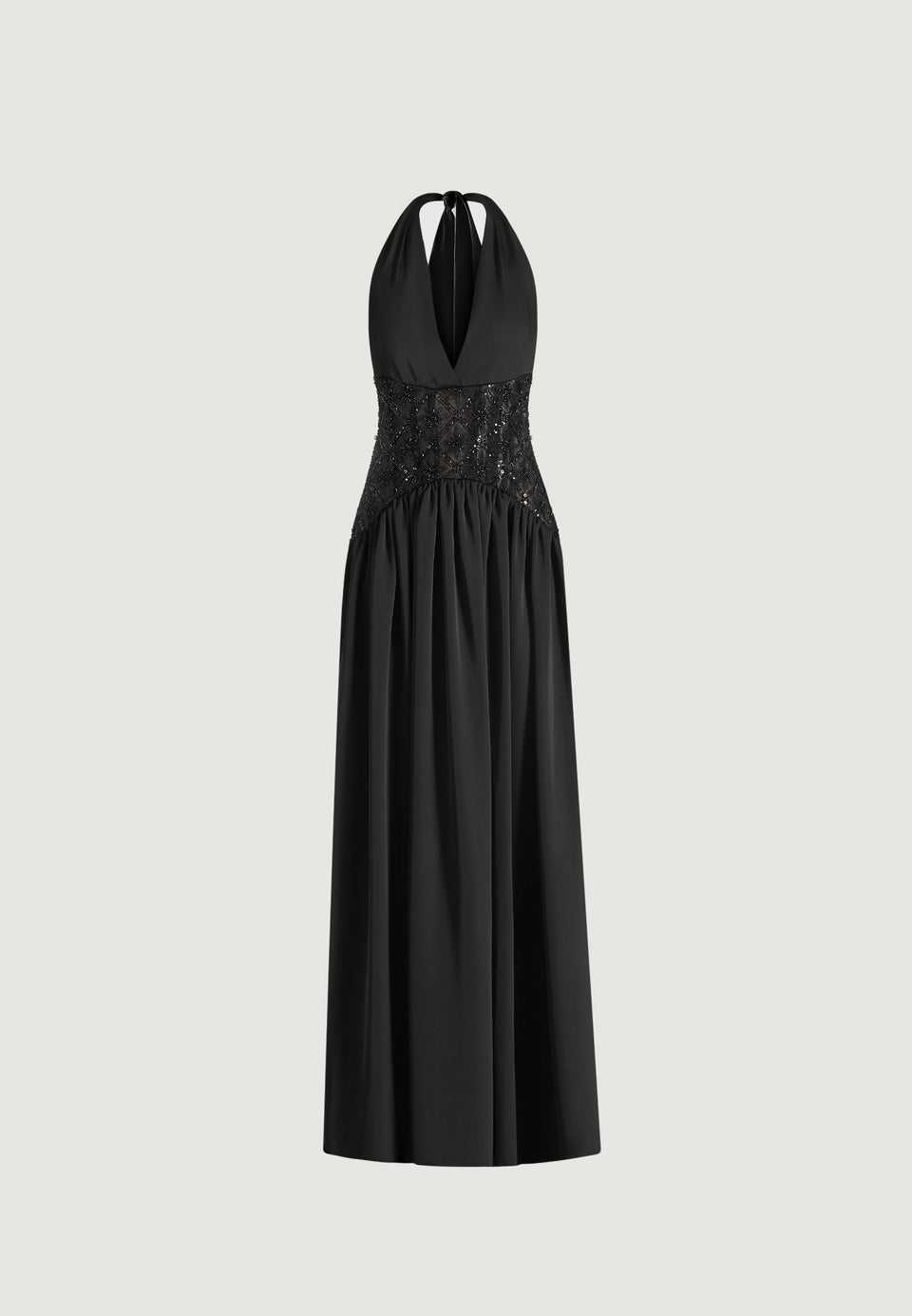 Ava - Halter Neck Embellished Corset Gathered Maxi Dress - Black