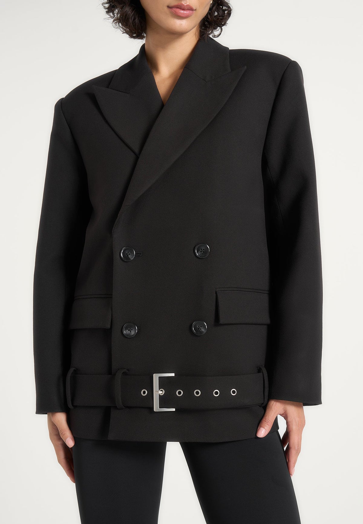 Aisha - Oversized Belted Double-Breasted Wool-Blend Blazer - Black
