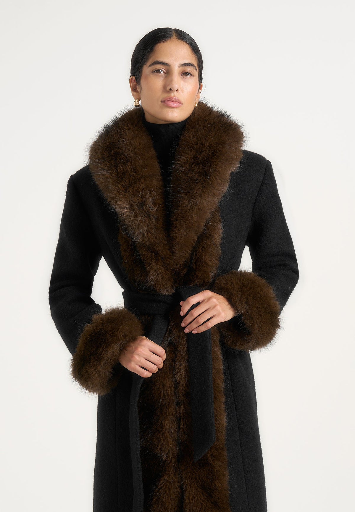Kate - Fur Trim Belted Wool Maxi Coat - Black