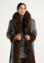Kate - Fur Trim Belted Wool Maxi Coat - Grey