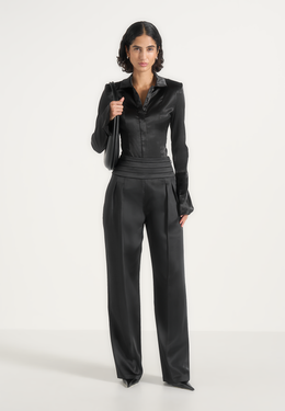 Fallon - Pleated Waistband Straight Leg Pants - Black