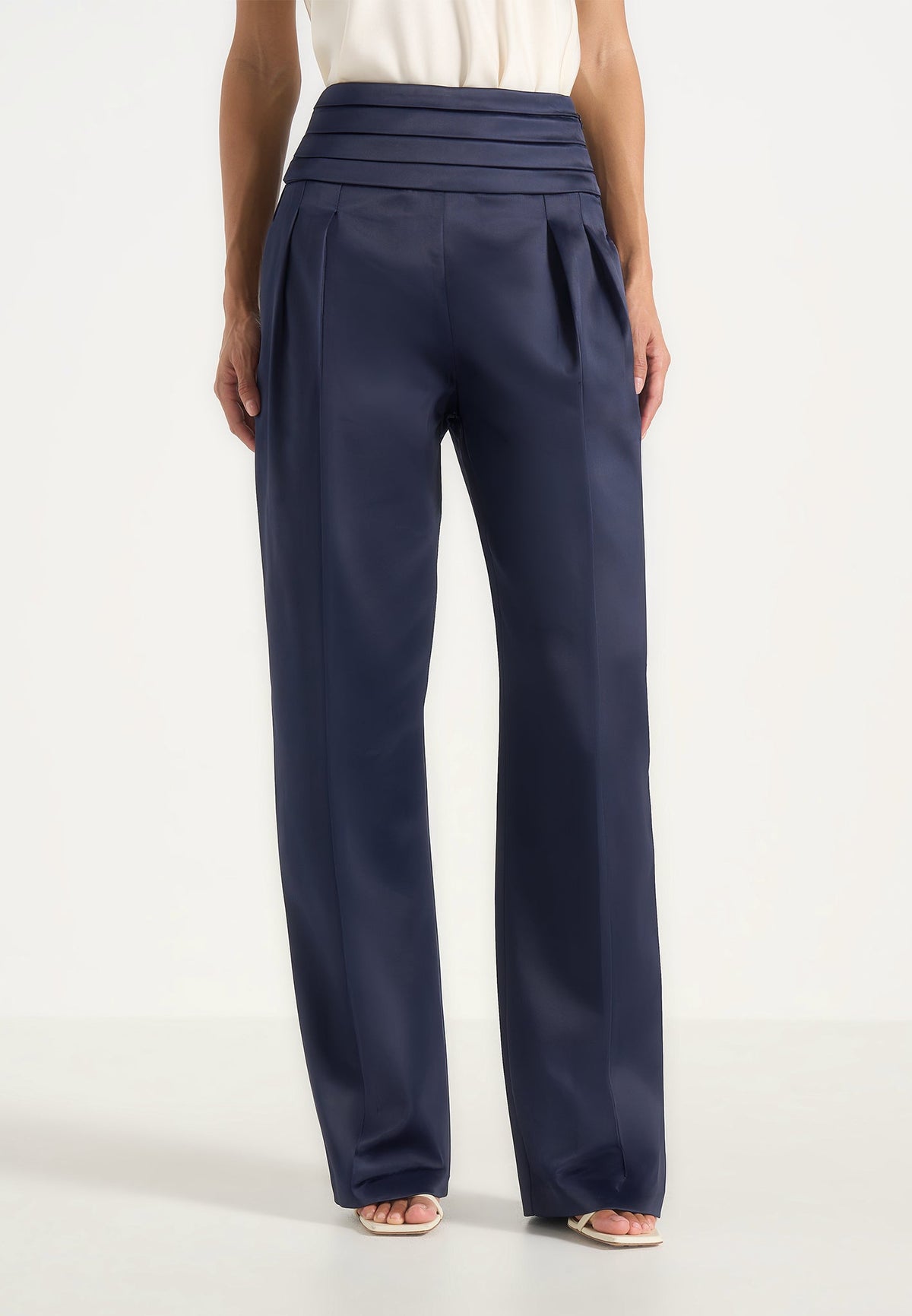 Fallon - Pleated Waistband Straight Leg Pants - Navy