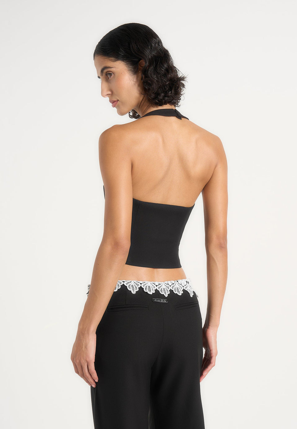 Lise - Lace Trim Wool-Blend Halter Corset Top - Black
