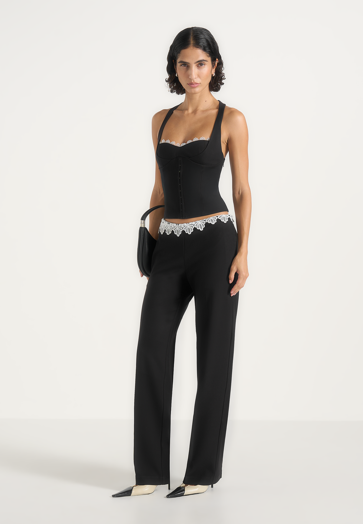 Jocelyn - Lace Waistband Tailored Wool-Blend Pants - Black
