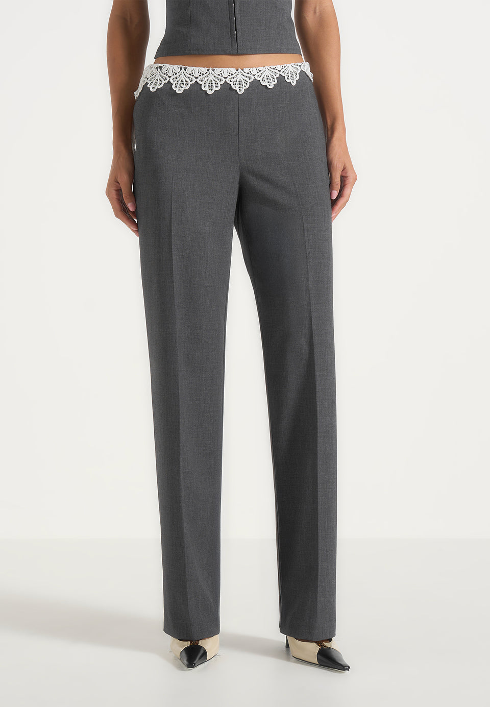 Jocelyn - Lace Waistband Tailored Wool-Blend Pants - Grey