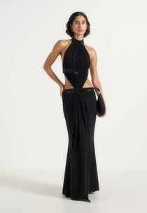 Paola - Embellished Mock Neck Cut-Out Gown - Black