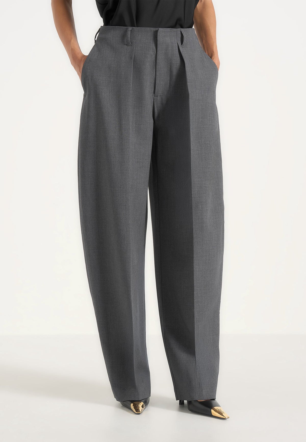Kylie - Barrel Leg Press Crease Wool-Blend Pants - Grey