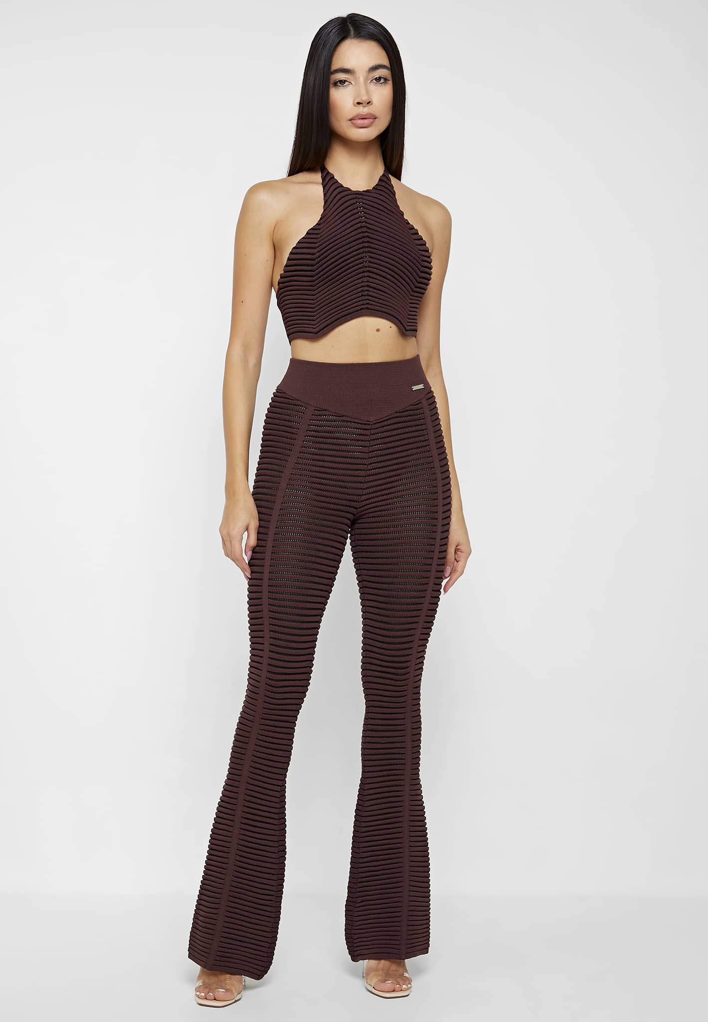 Knitted Contour Flared Leggings - Brown/Black