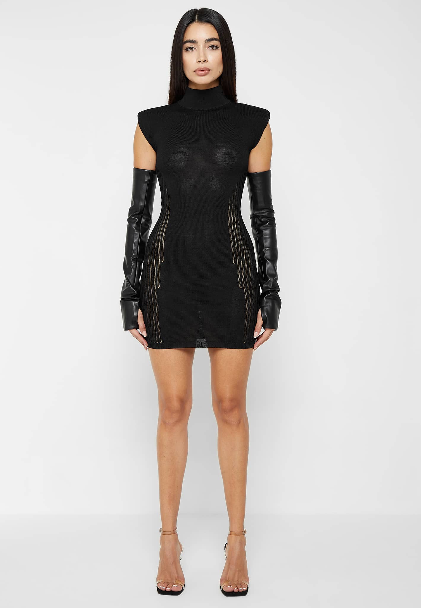 Knitted Contour Dress with Vegan Leather Sleeves - Black