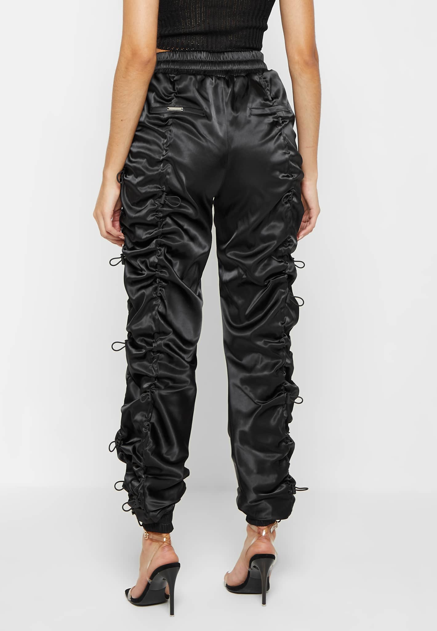 satin-bungee-ruched-cargo-pants-black