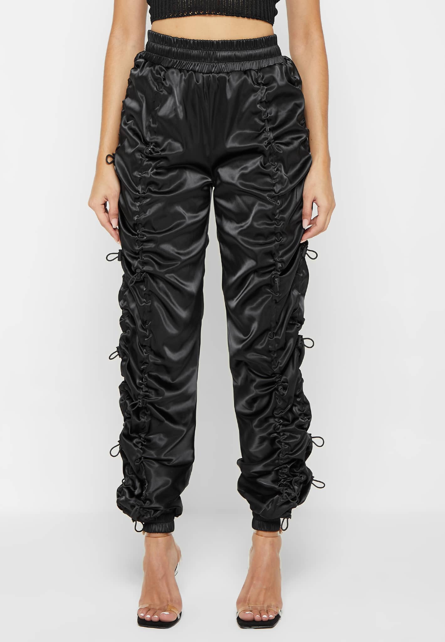 satin-bungee-ruched-cargo-pants-black