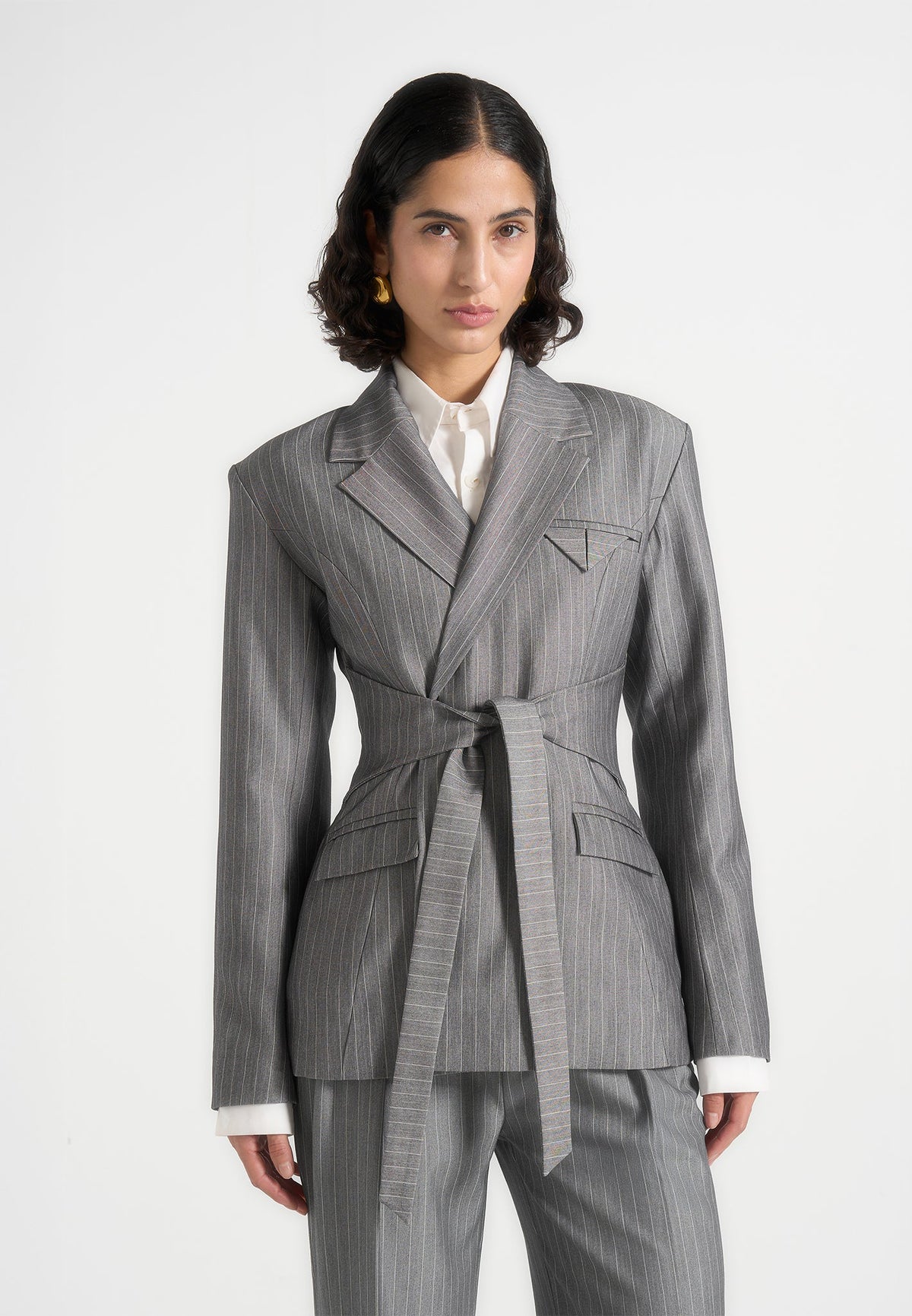 Delphine - Pinstripe Wrap Tie Blazer - Grey