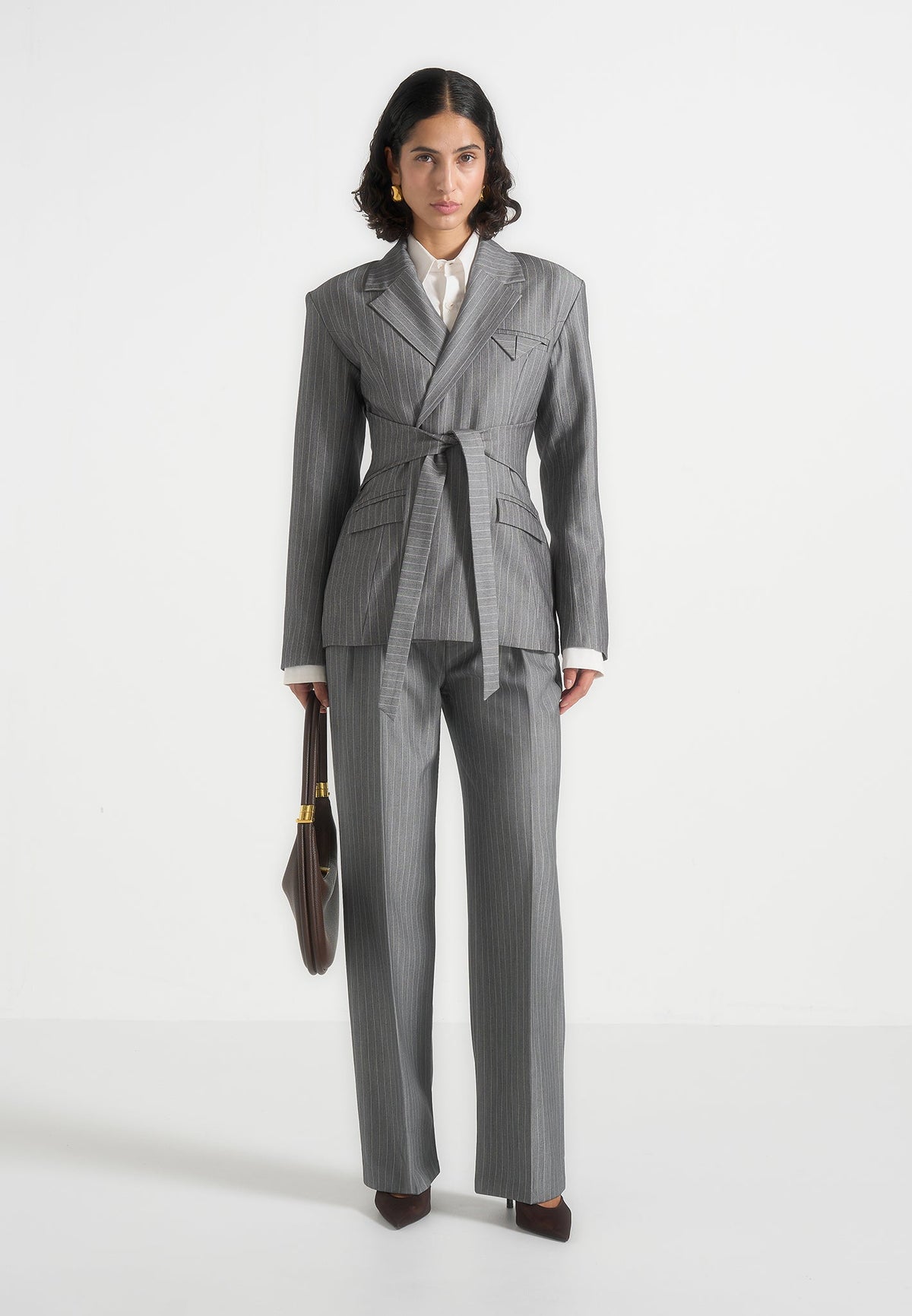 Delphine - Pinstripe Wrap Tie Blazer - Grey