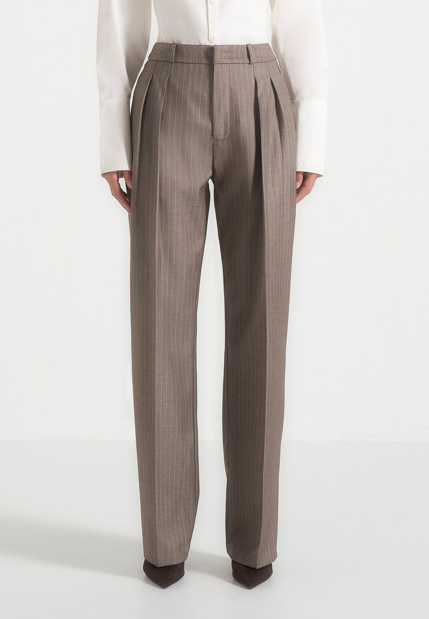 Julie - Pinstripe Tailored Pants - Taupe