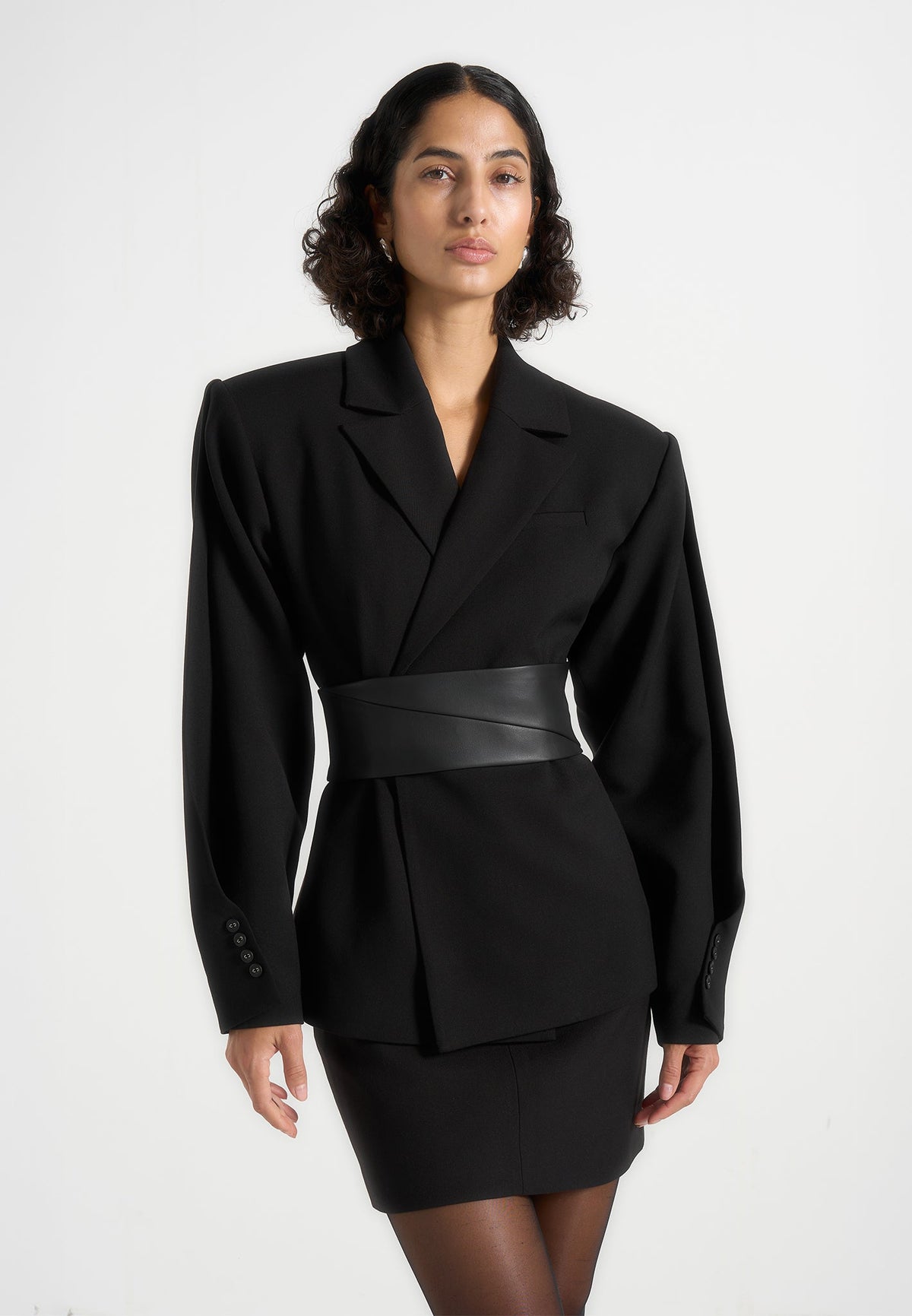 Marie - Twist Sleeve Tailored Blazer with Belt - Black