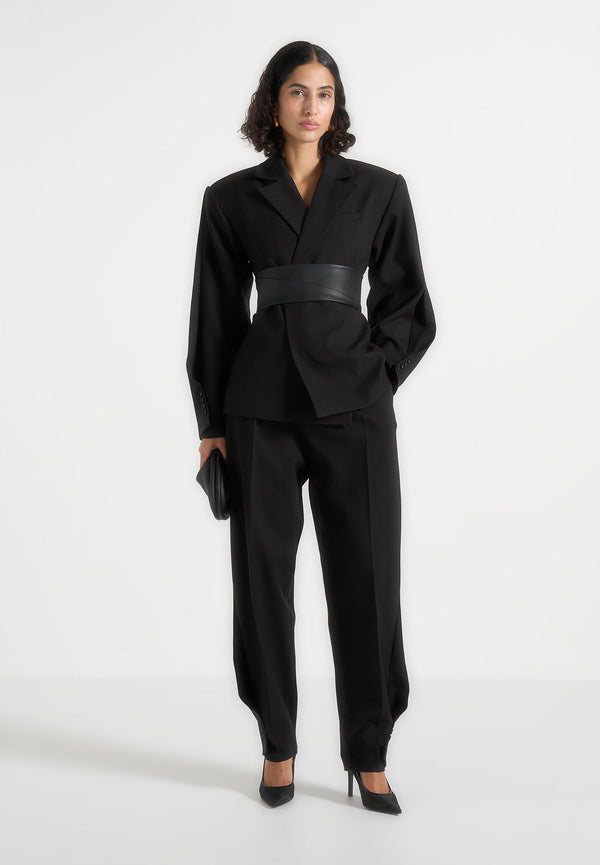 Marie - Twist Sleeve Blazer with Belt - Black