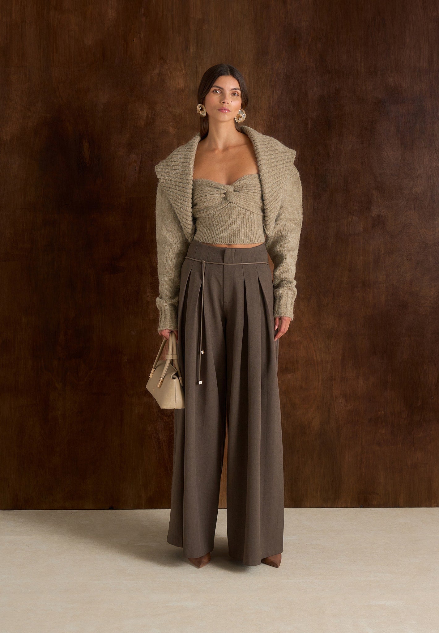 Emya - 2-in-1 Knit Shrug With Twisted Bandeau Top - Taupe 