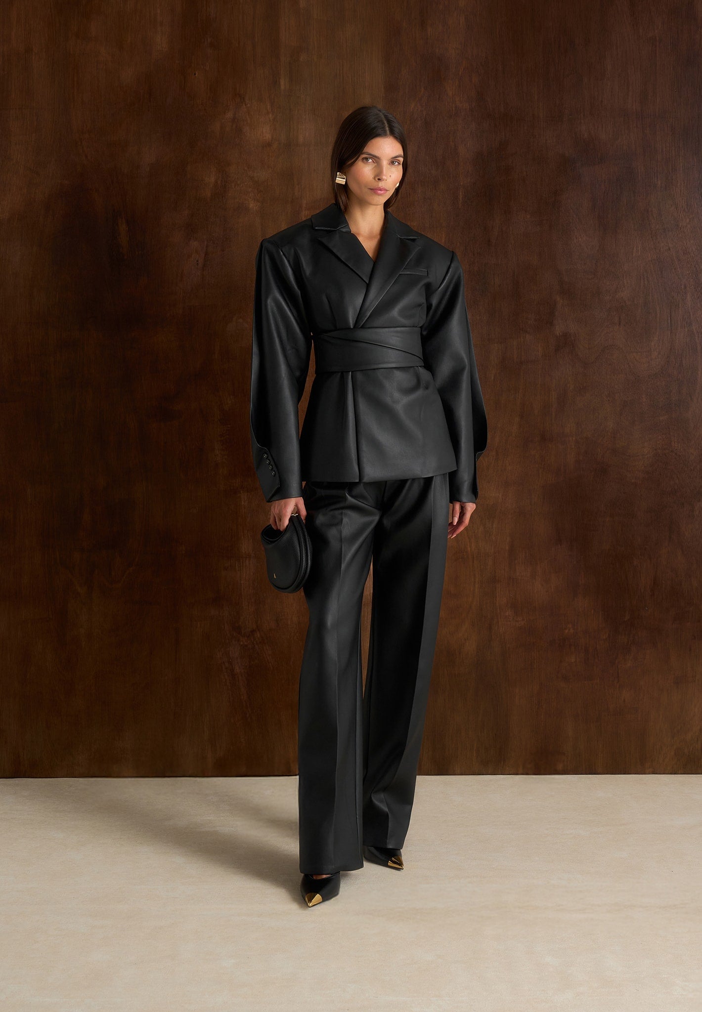 marie-twist-sleeve-leather-blazer-with-belt-black