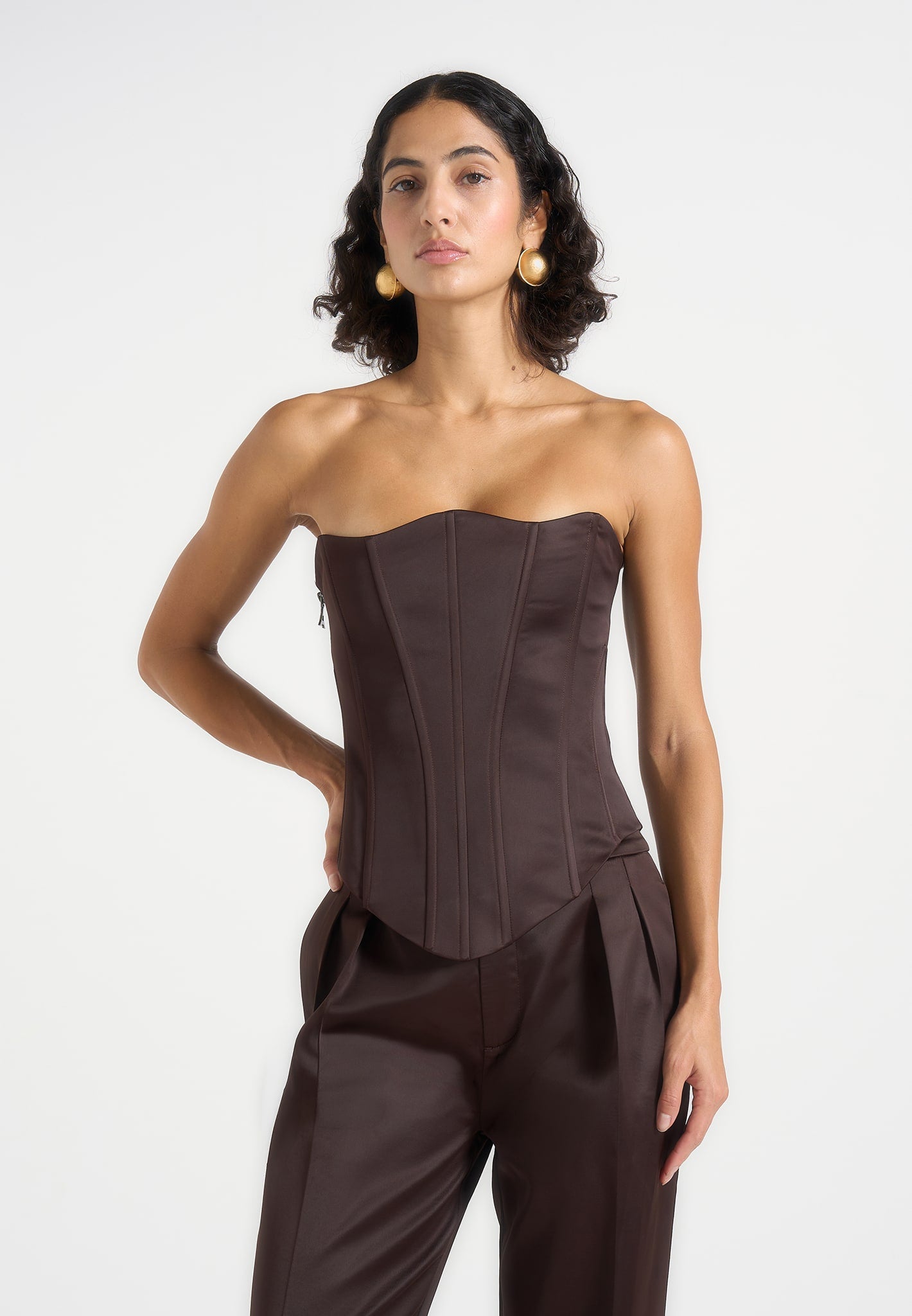 Scarlett - Satin Lace Up Corset - Brown