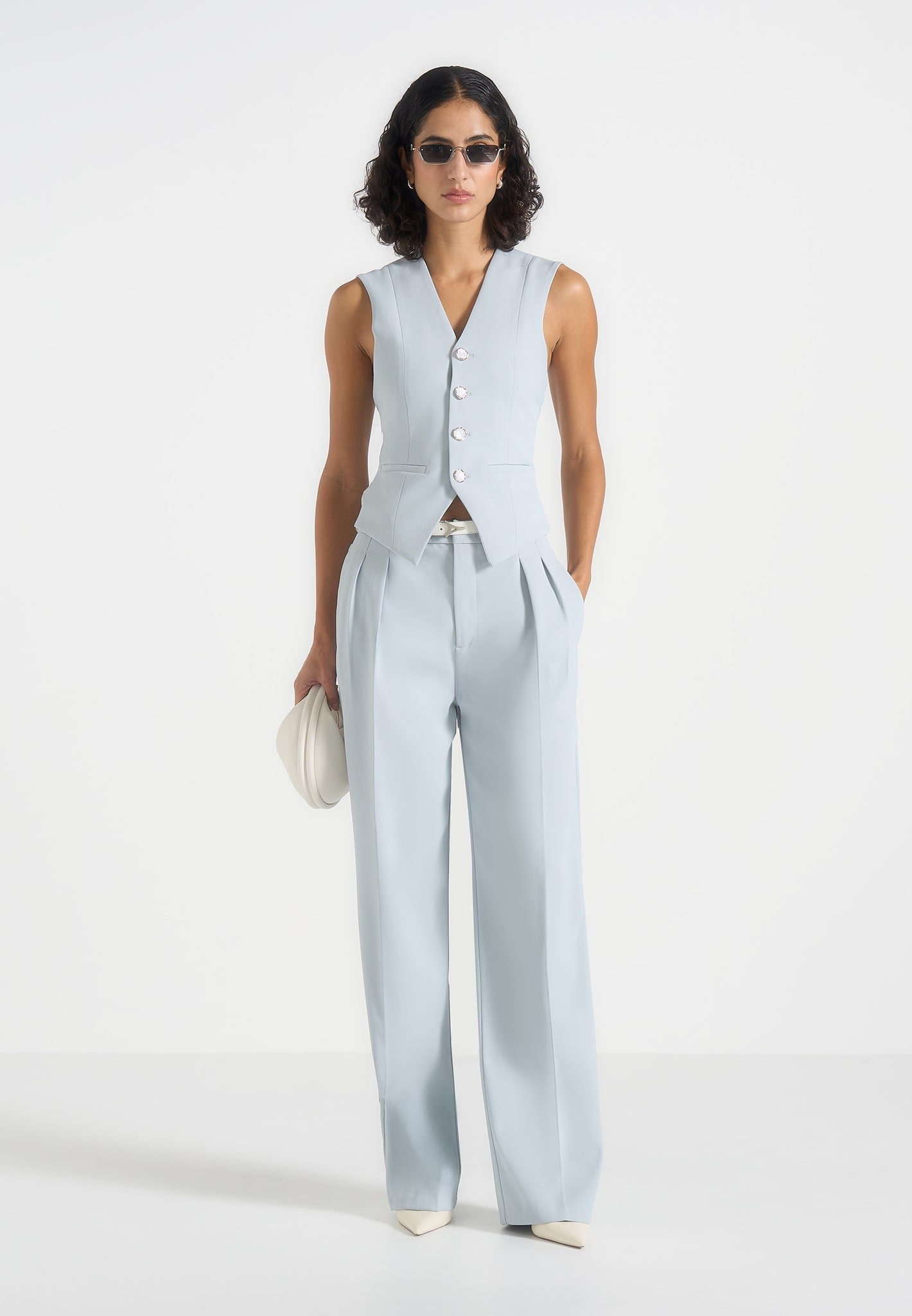 Julie - Tailored Twin Pleat Pants - Pale Blue 