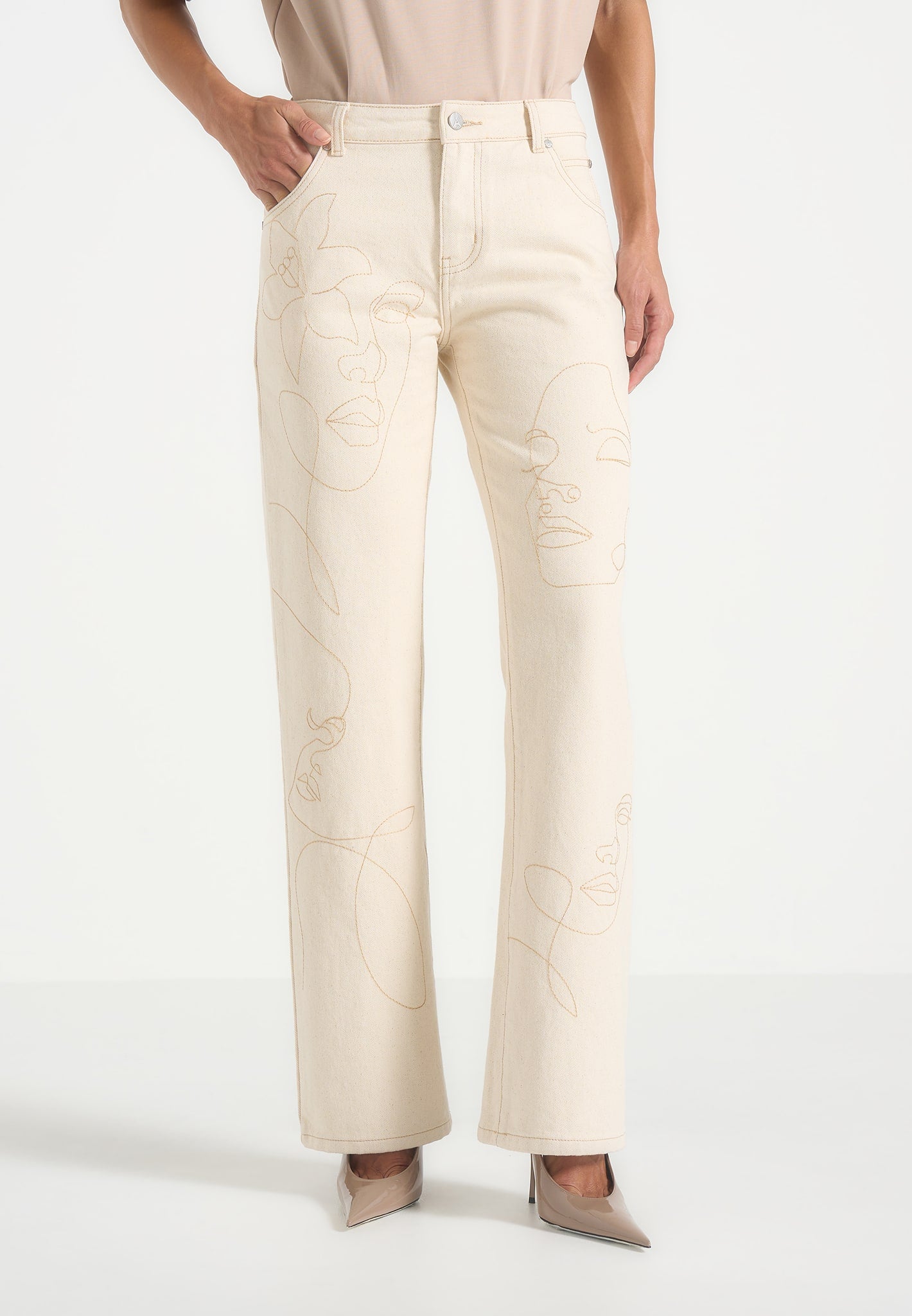 Calista - Line Art Denim Jeans - Cream 
