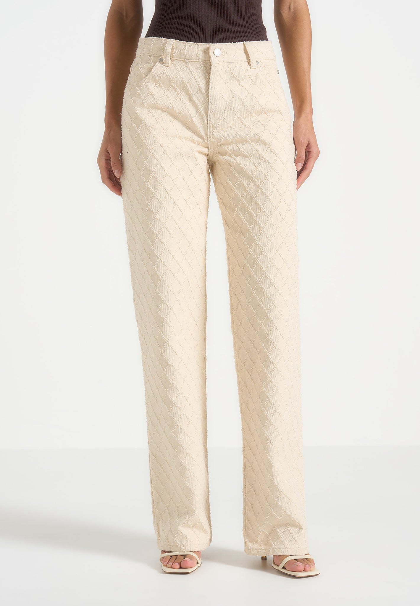 Elyssa - Diamond Stitch Denim Jeans - Cream 