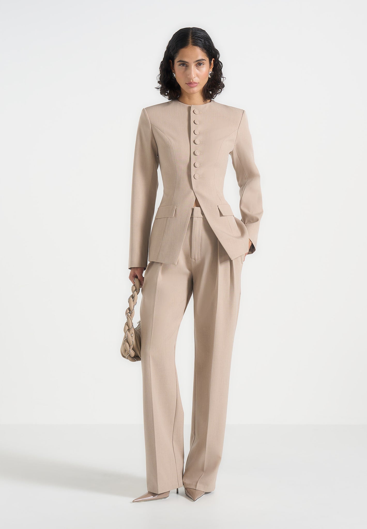 Harper - Tailored Cinch Blazer With Detachable Collar - Beige 