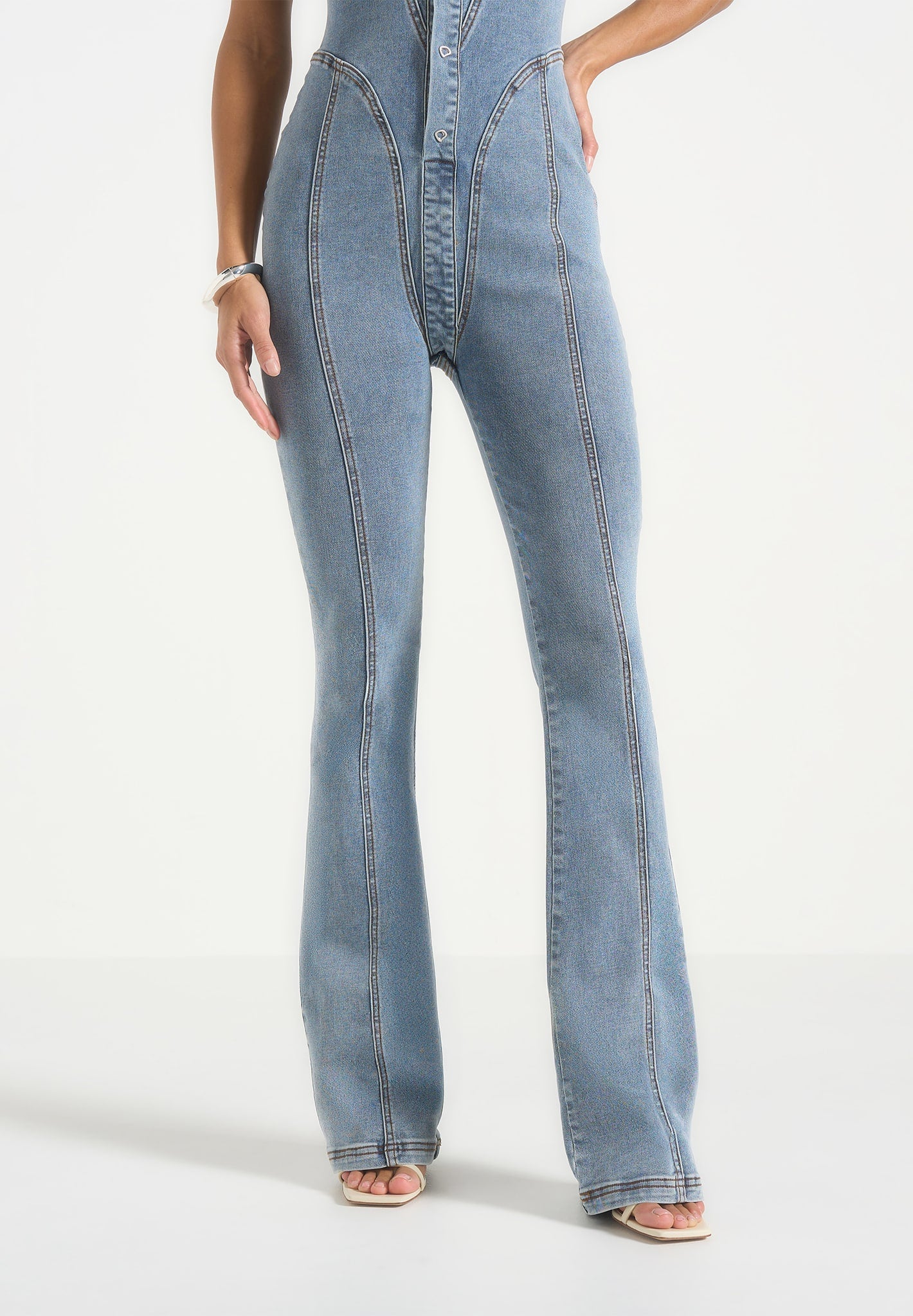Annette - Seam Detail Fit & Flare Denim Jumpsuit - Mid Blue