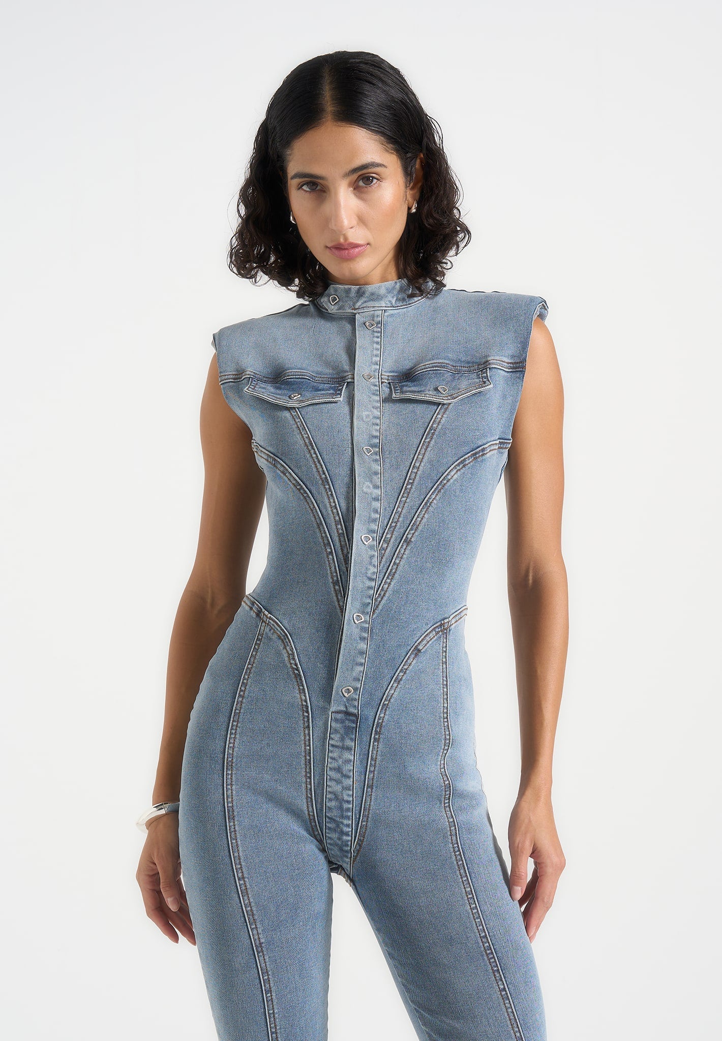 Annette - Seam Detail Fit & Flare Denim Jumpsuit - Mid Blue