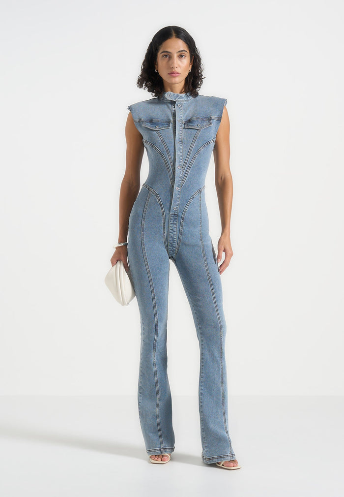 Annette - Seam Detail Fit & Flare Denim Jumpsuit - Mid Blue