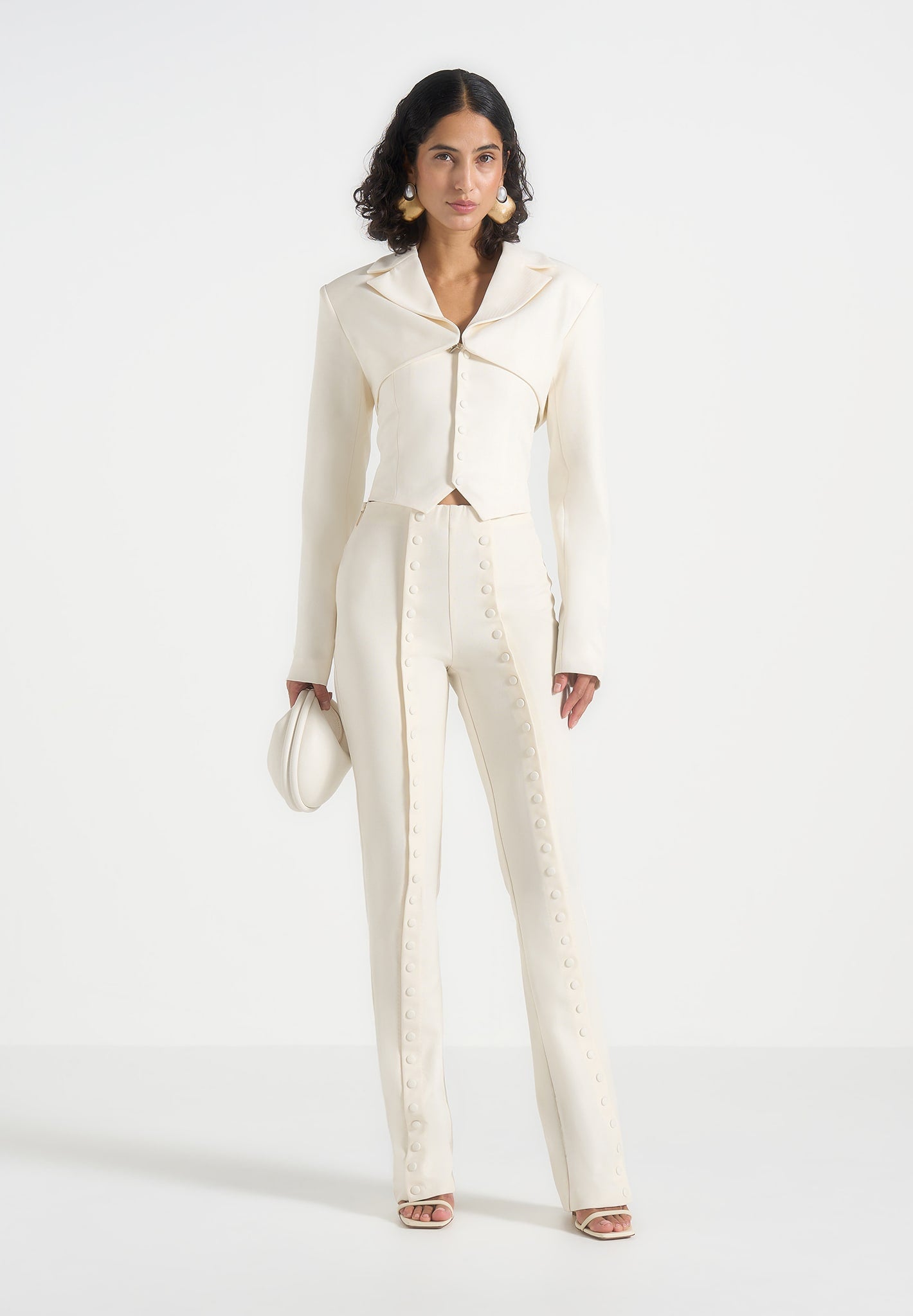 Lise - Cropped Tailored Blazer & Button Detail Bandeau - Off White