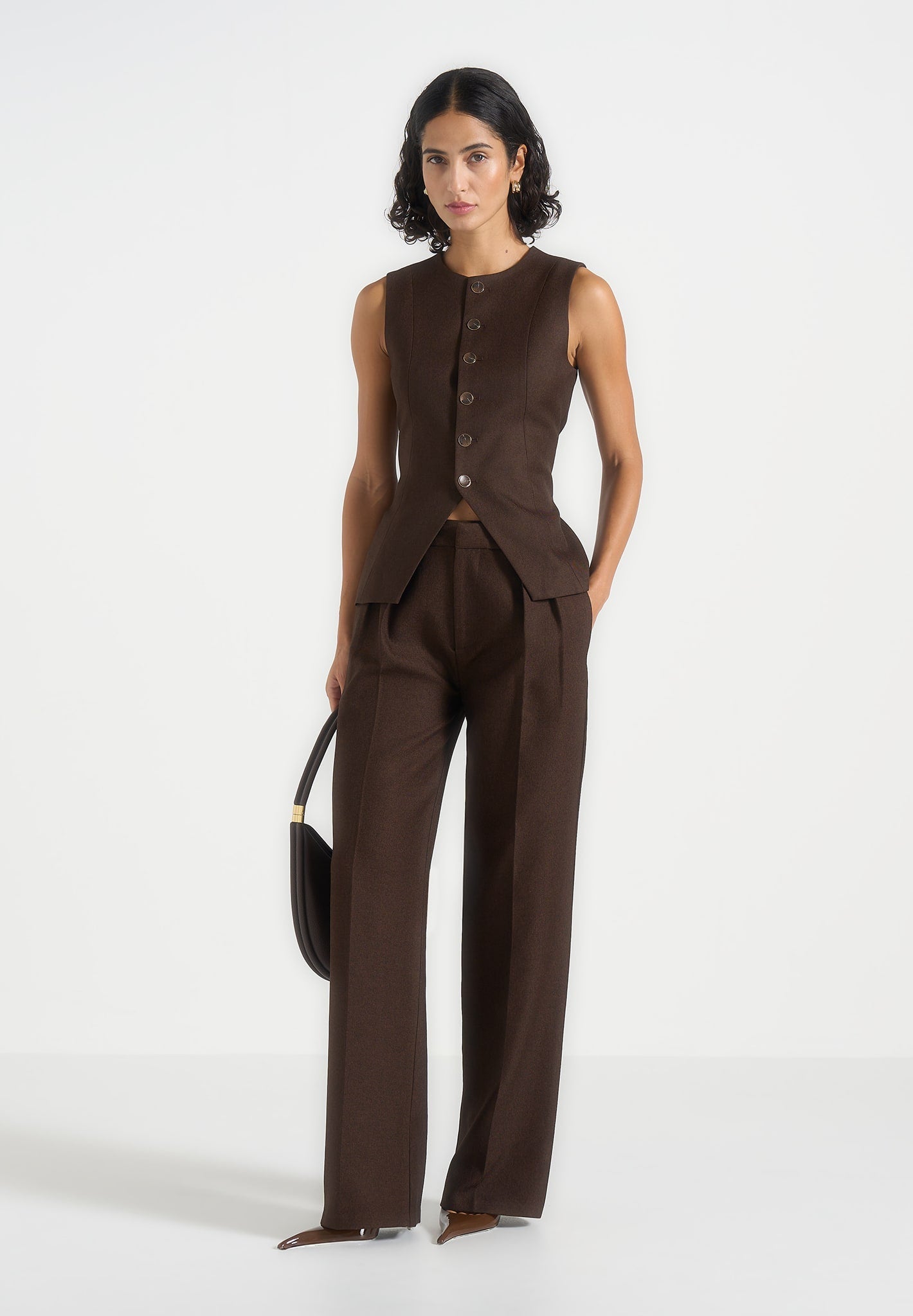Maisie - Tailored Crew Neck Cinch Suit Vest - Brown 