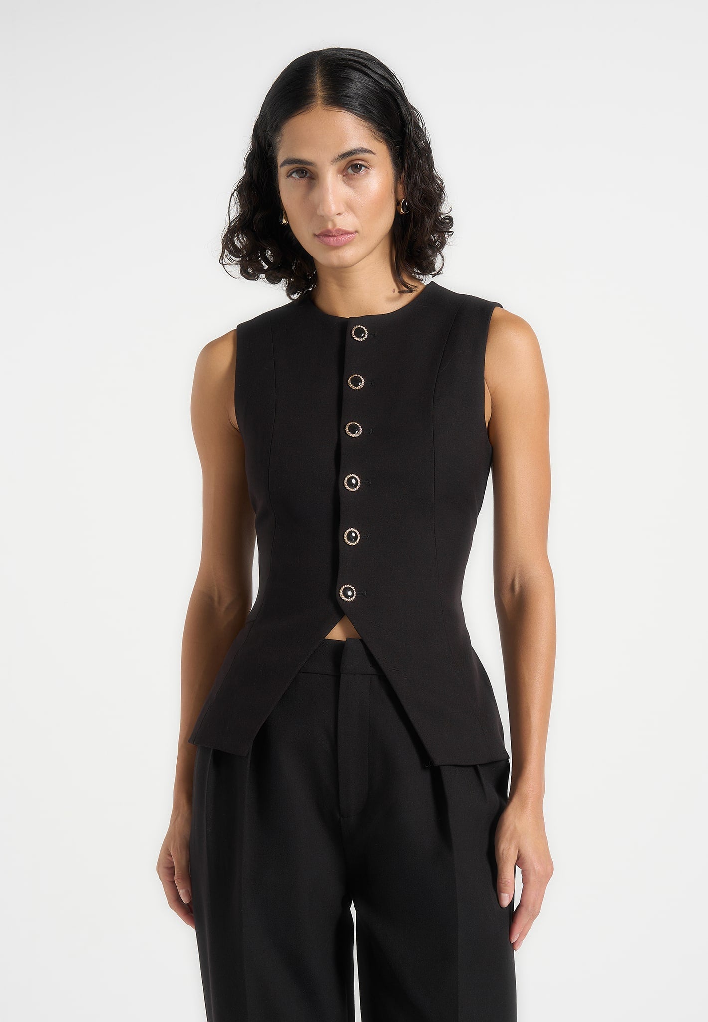 Maisie - Tailored Crew Neck Cinch Suit Vest - Black 