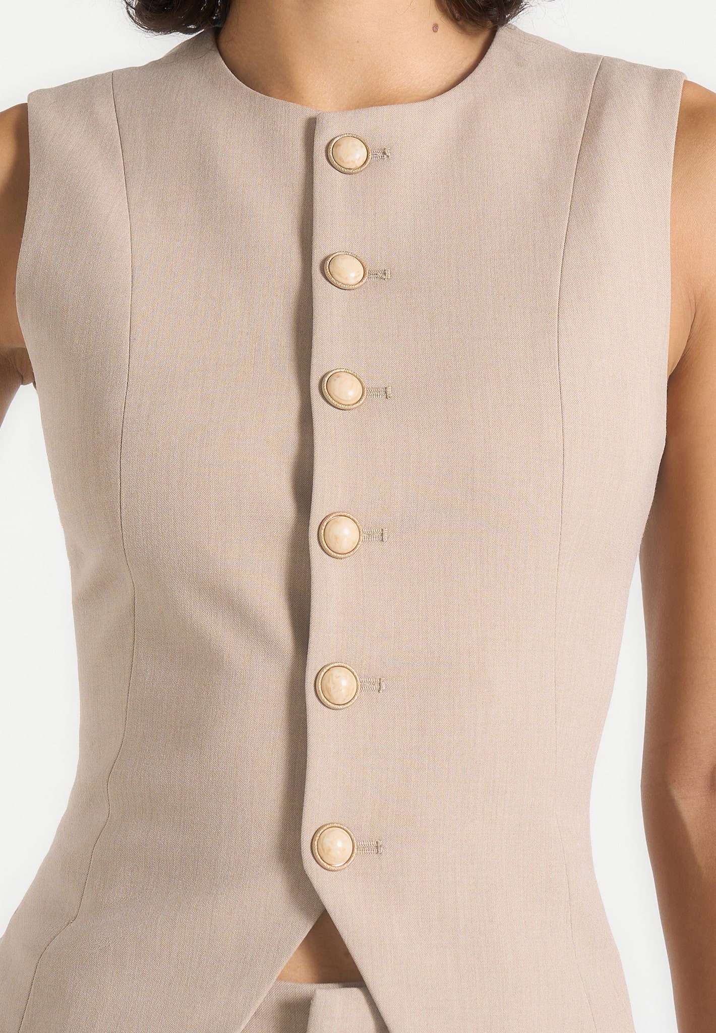 Maisie - Tailored Crew Neck Cinch Suit Vest - Beige