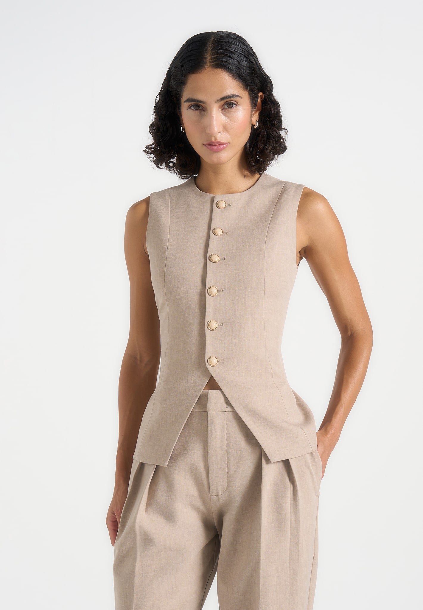 Maisie - Tailored Crew Neck Cinch Suit Vest - Beige 