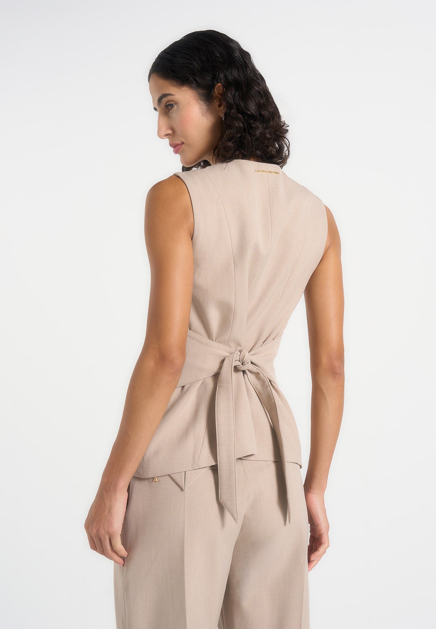 Maisie - Tailored Crew Neck Cinch Suit Vest - Beige 